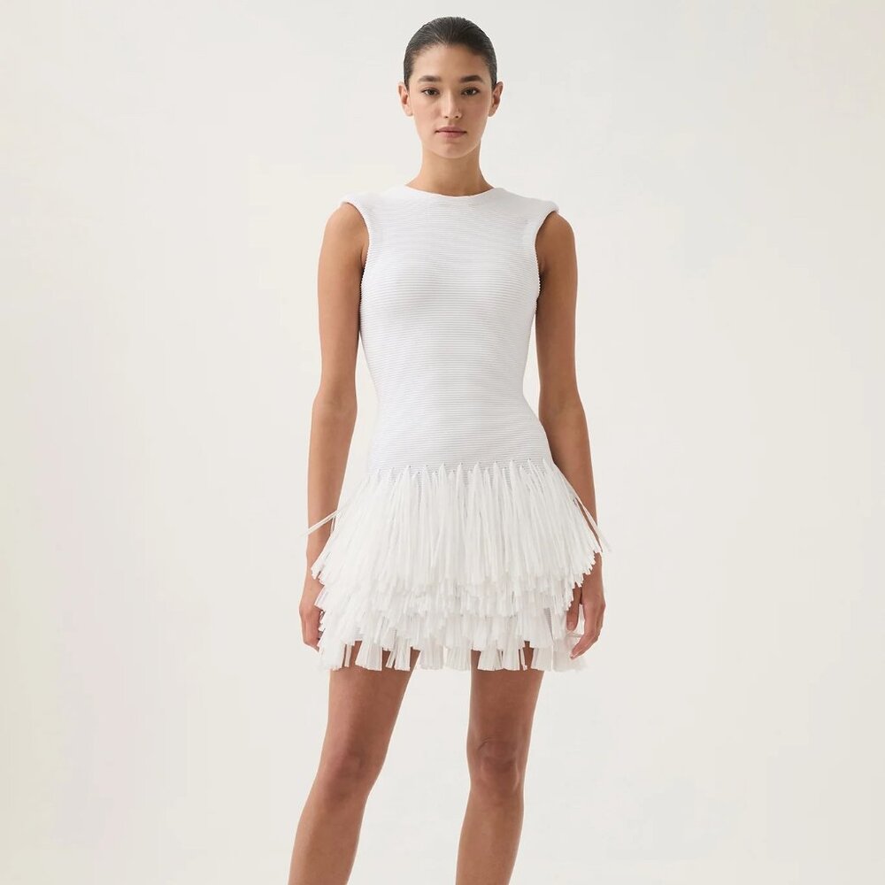 Aje Rushes Raffia Knit Mini Dress, white, size M
